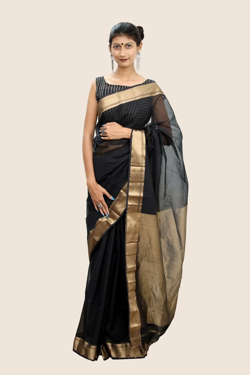 Attractive Maheshwari handloom Tissue Saree with Tassels - Royal Black