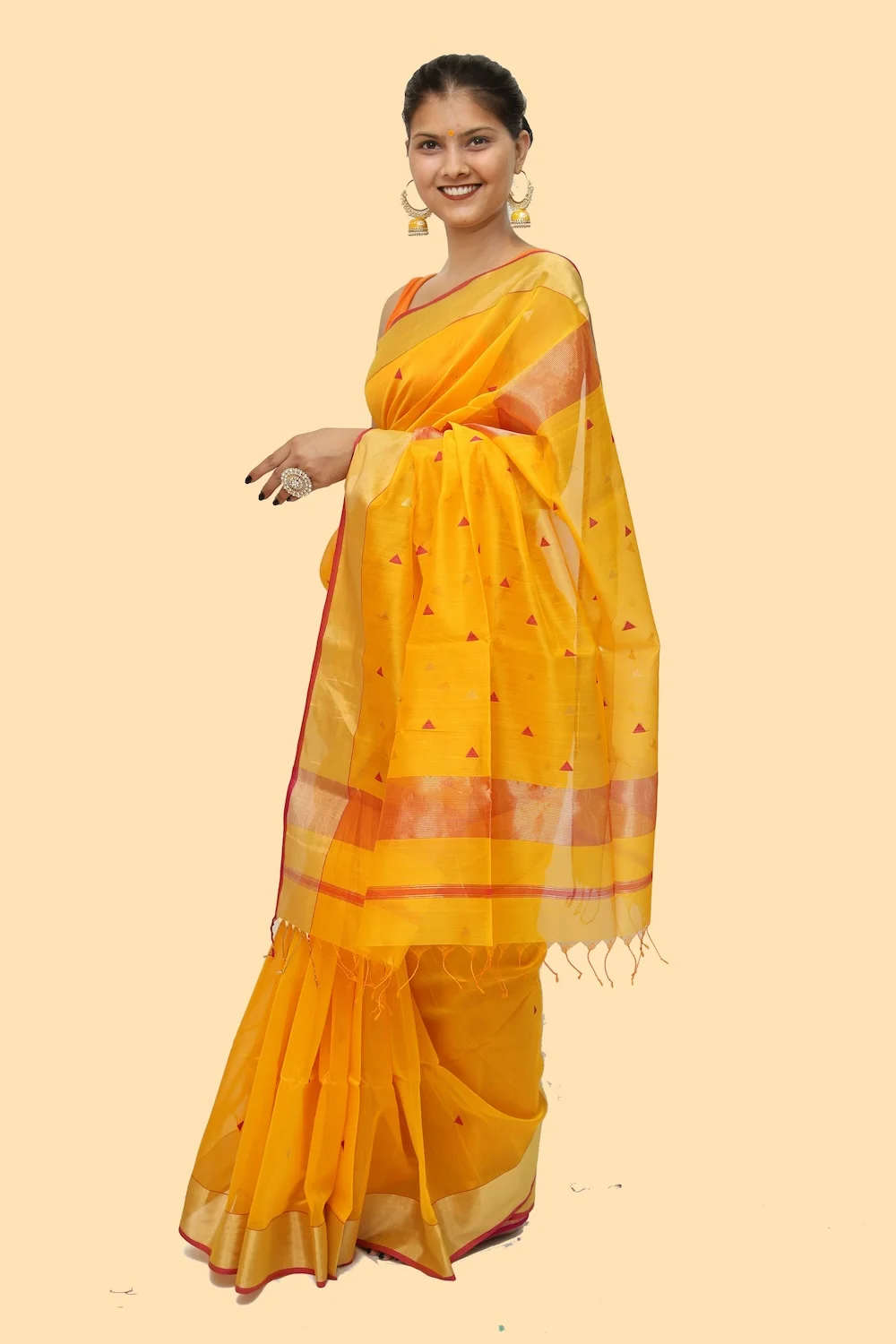 Beautiful Yellow Pink Zari Borcade handloom Saree with Tassels