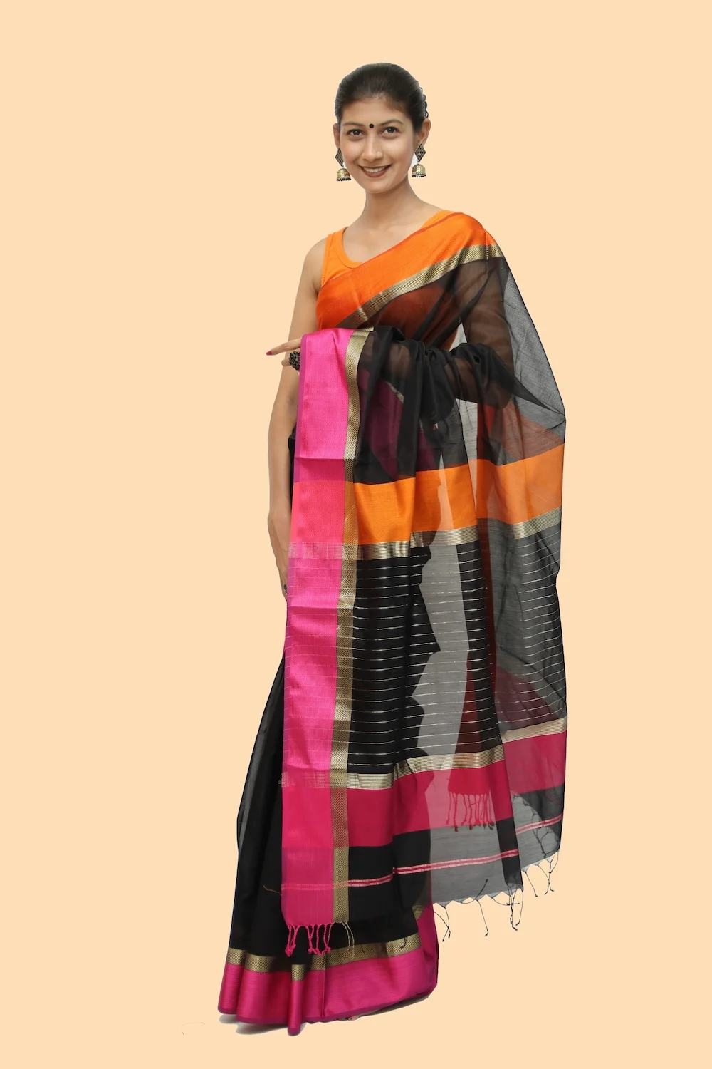 Black Striated Rich Border handloom Saree with Tassels
