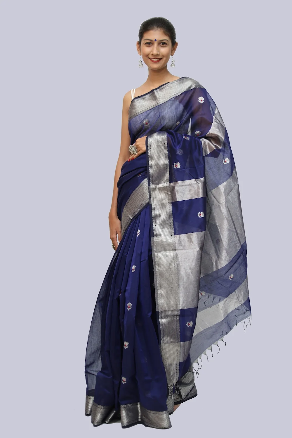 Blue Meena Zari Buti handloom Saree with Tassels