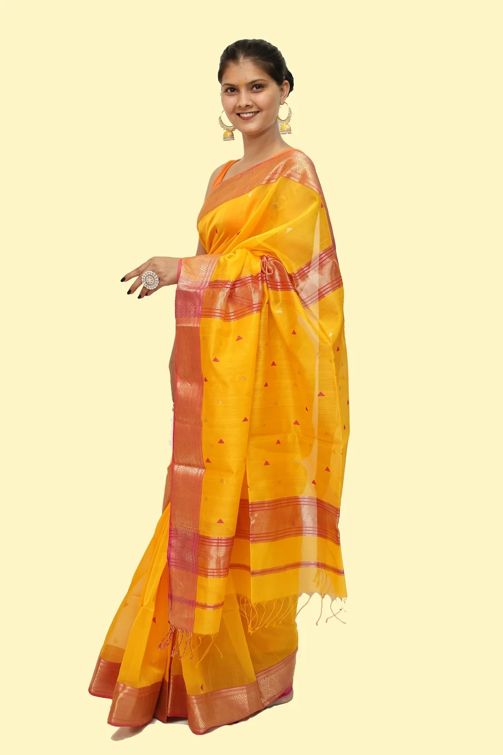 Classy Yellow Pink Choka Borcade handloom Saree with Tassels