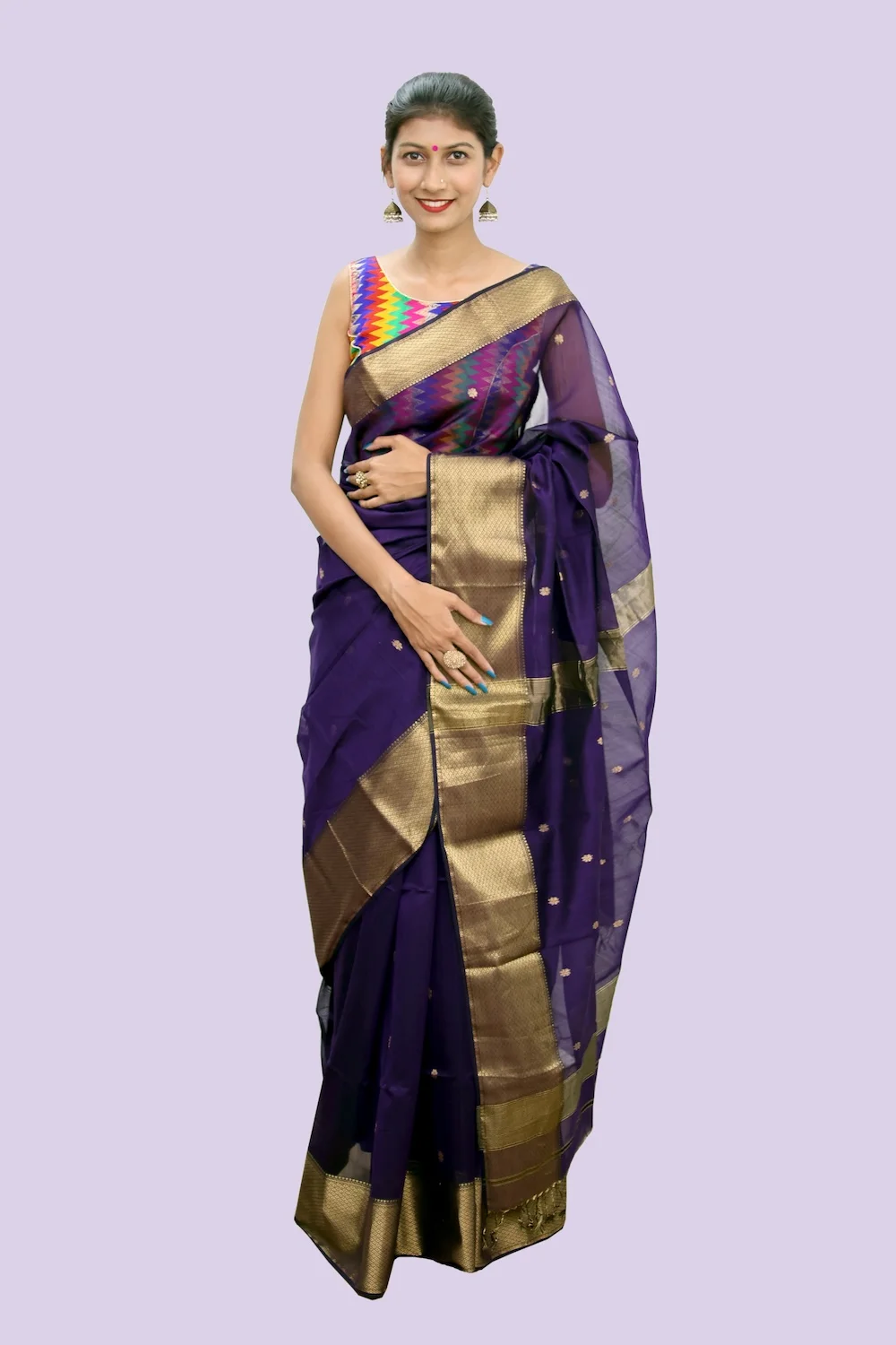 Elegant Purple Mix Border handloom Saree with Tassels
