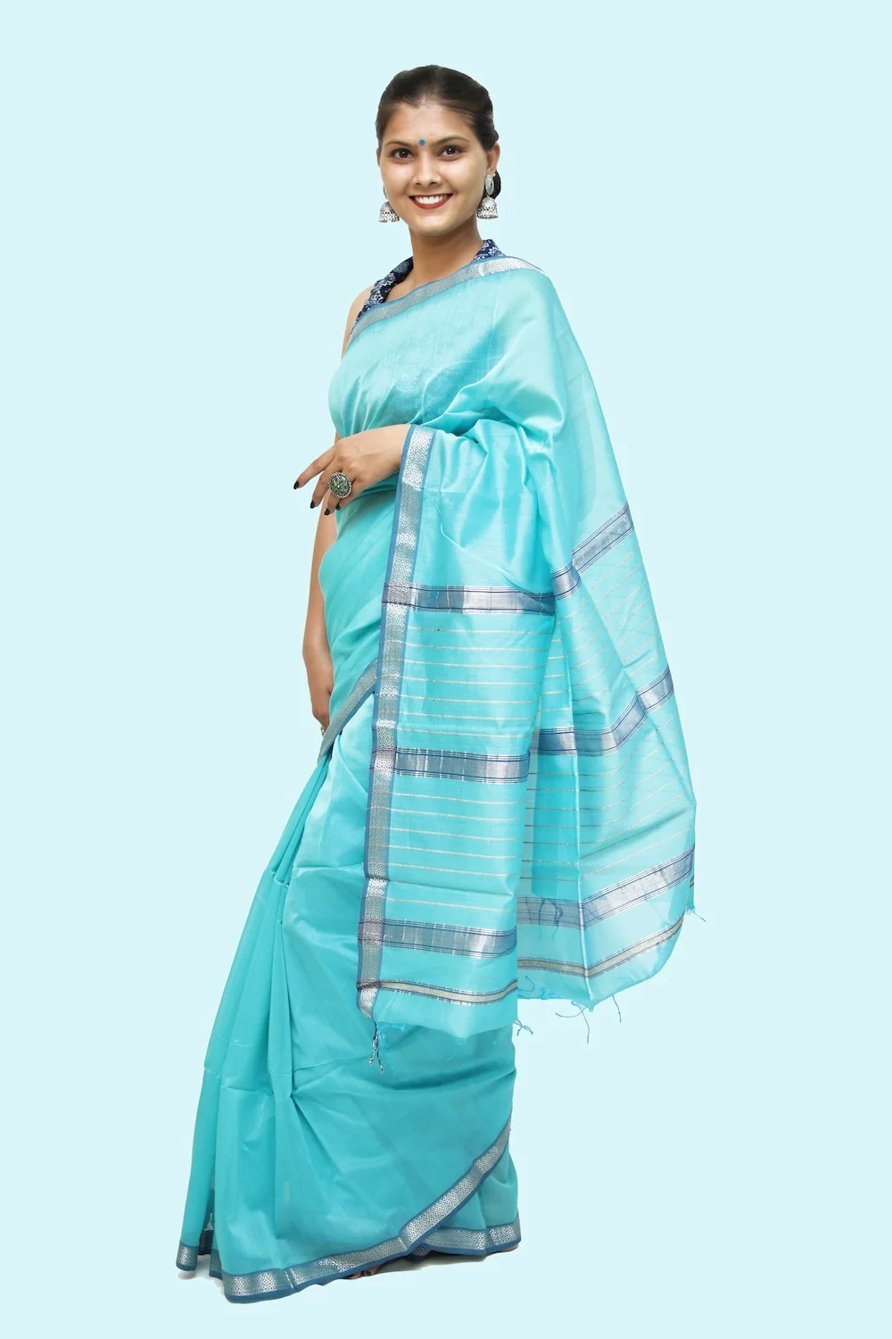 Elegant Silver Border handwoven Saree with Tassels