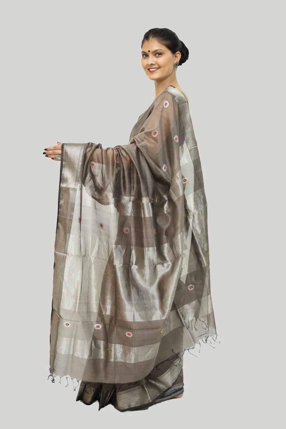 Elegant Steel Gray Meena Buti handloom Saree with Tassels