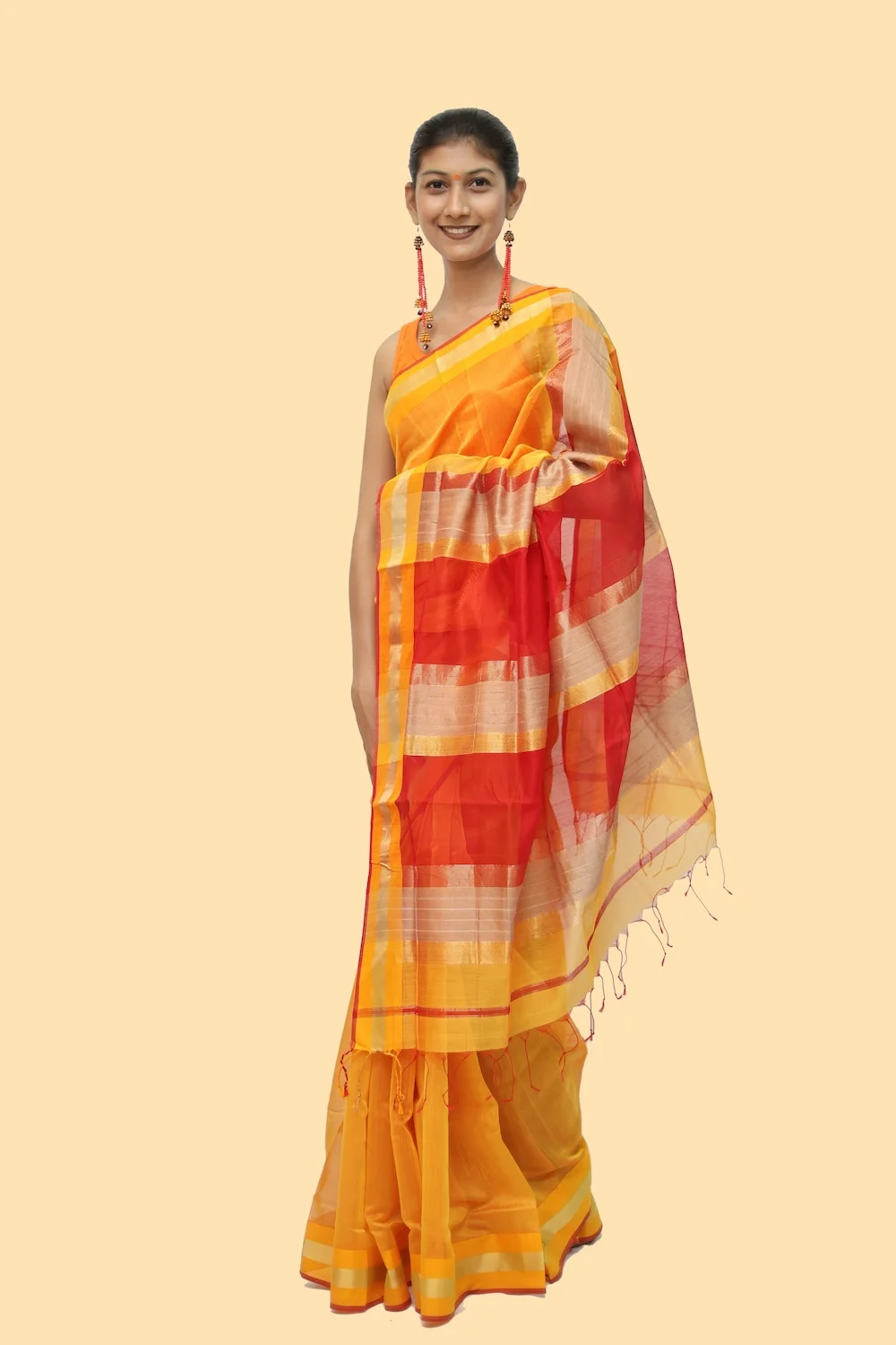 Epic Ivory Kosa Pallu Yellow Red handloom Saree with Tassels
