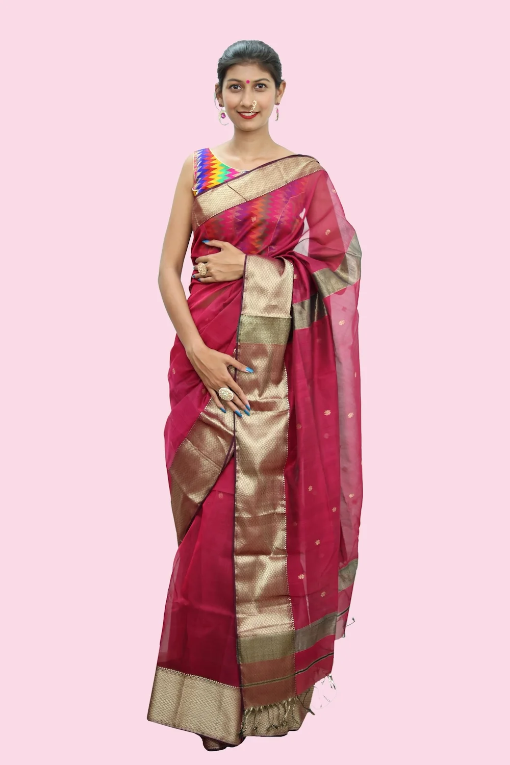 Epic Rani Pink Mix Border handloom Saree with Tassels