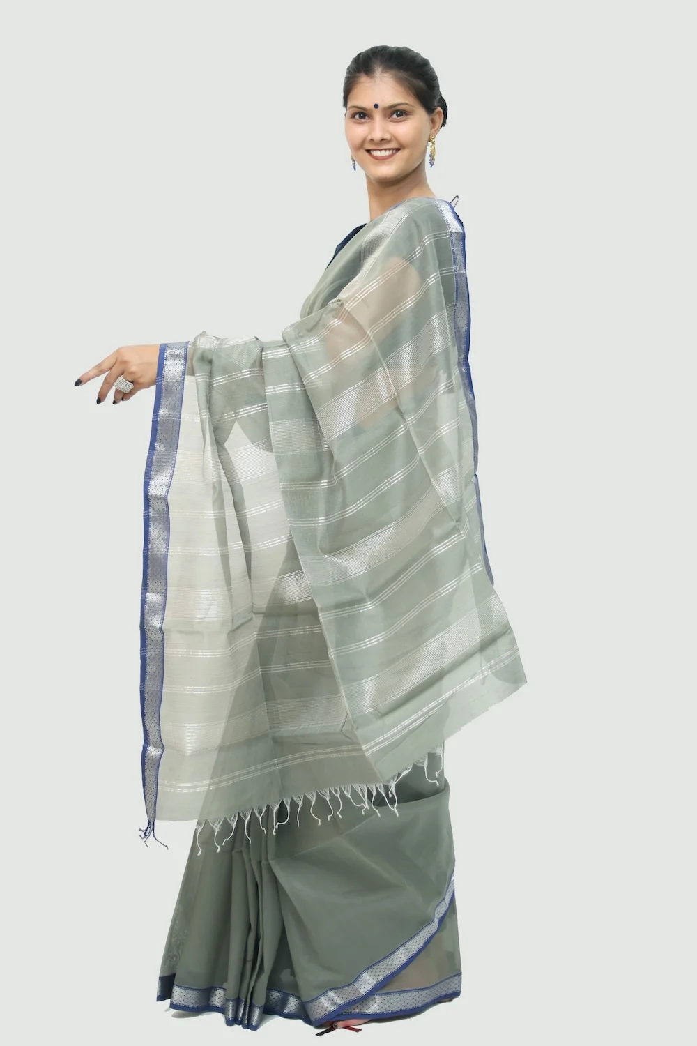 Epic Silver Brocade handwoven Saree with Tassels