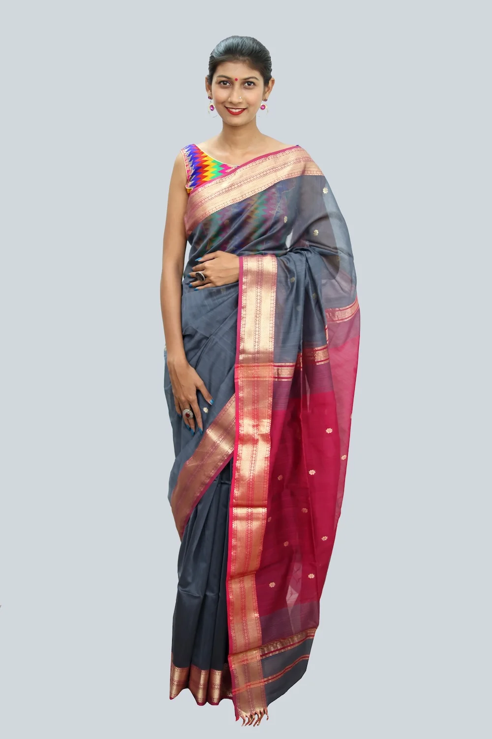 Gray Pink Broad Border handloom Saree with Tassels