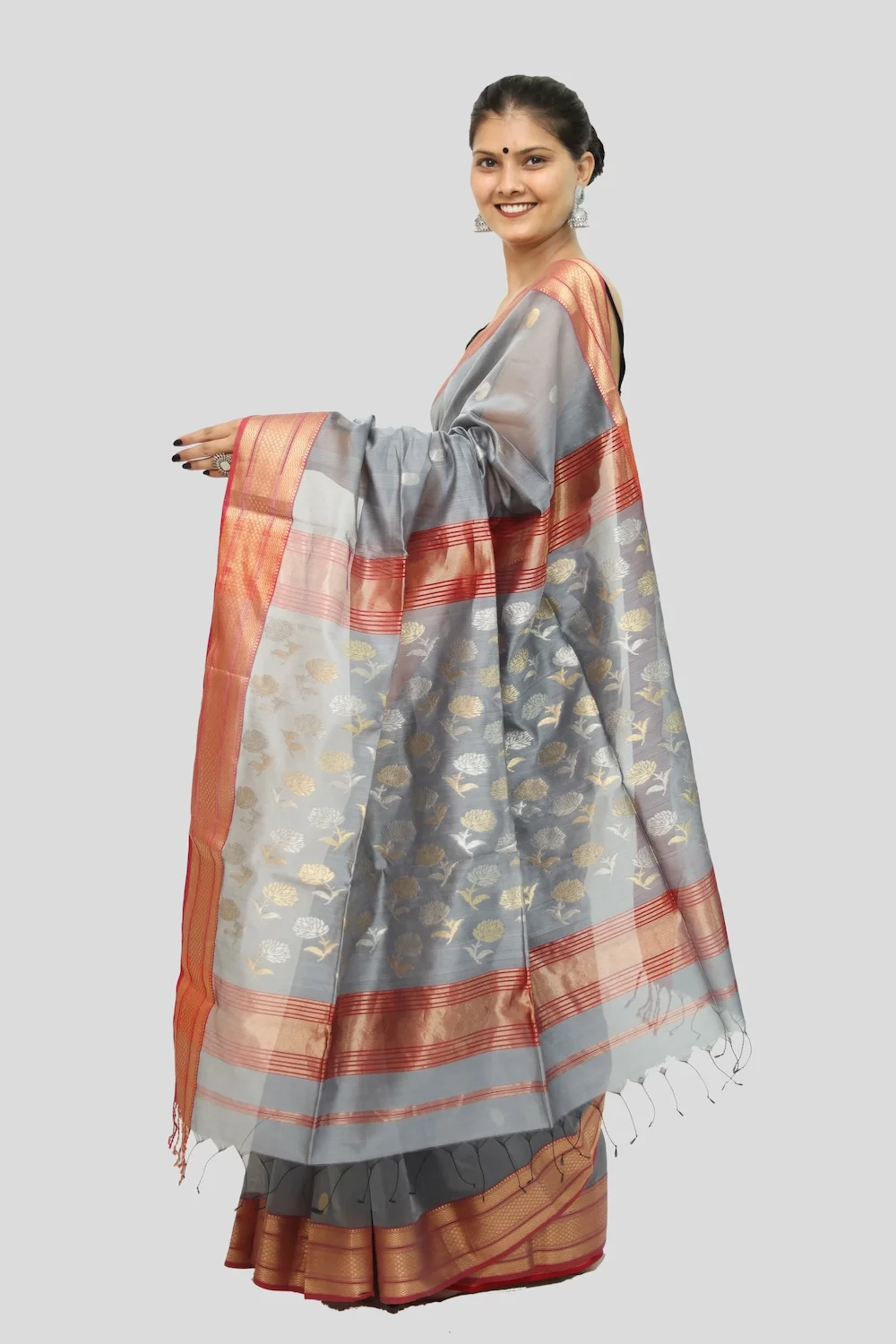 Heavenly Hema Heritage Coin motif handwoven Saree with Tassels - Gray