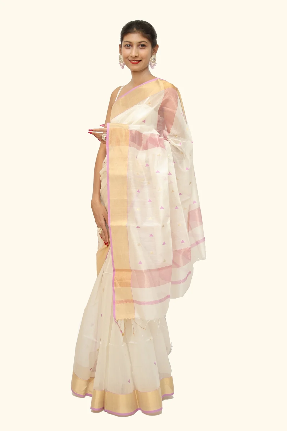 Heavenly White Purple Zari Borcade handloom Saree with Tassels