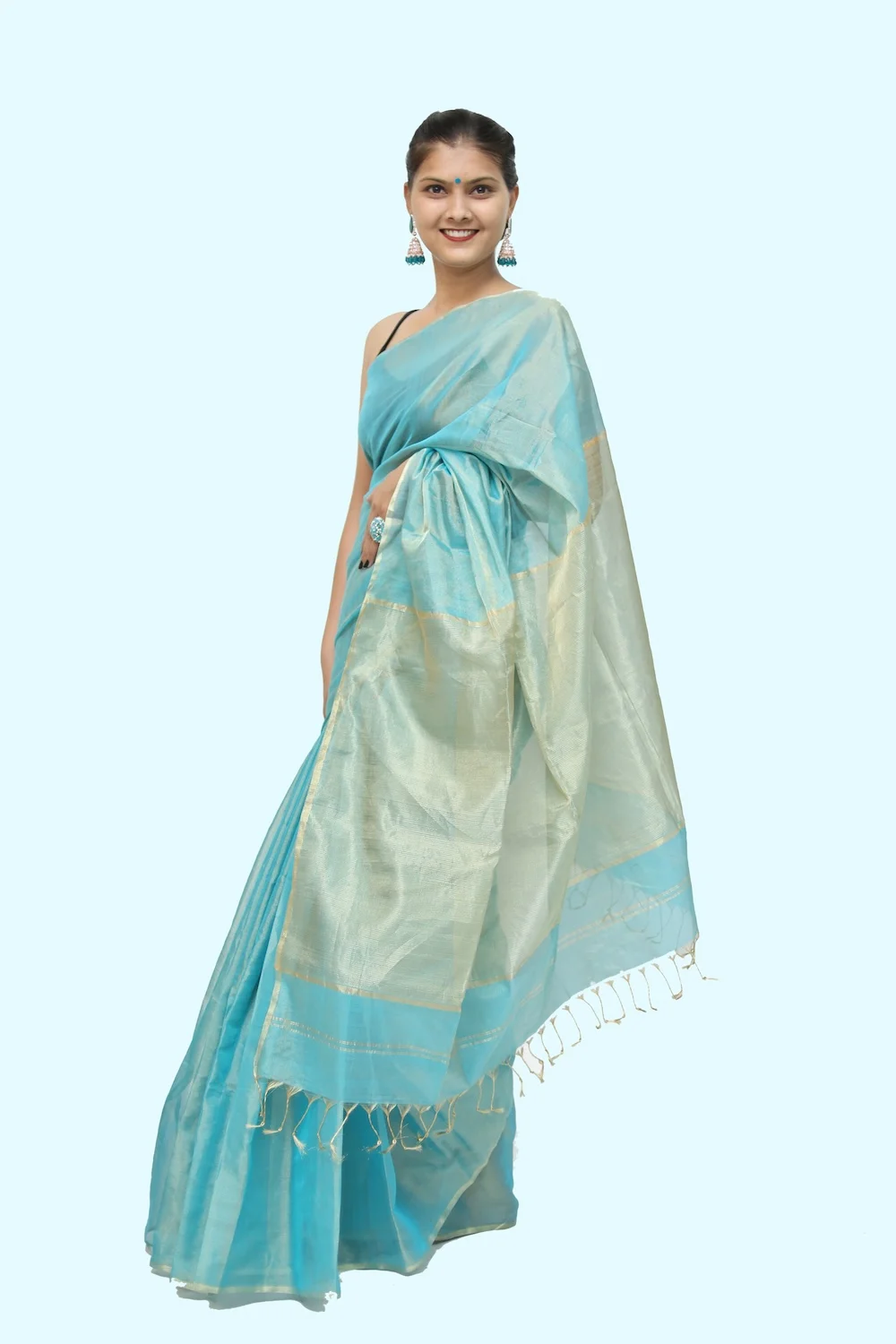Imperial Maheshwari handloom Tissue Saree with Tassels - Azure Blue