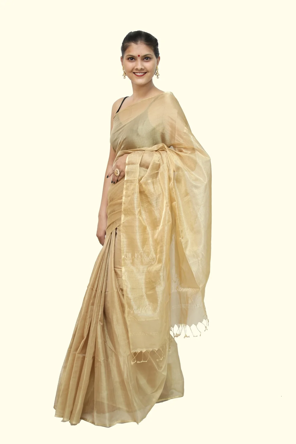 Imperial Maheshwari handloom Tissue Saree with Tassels - Beige