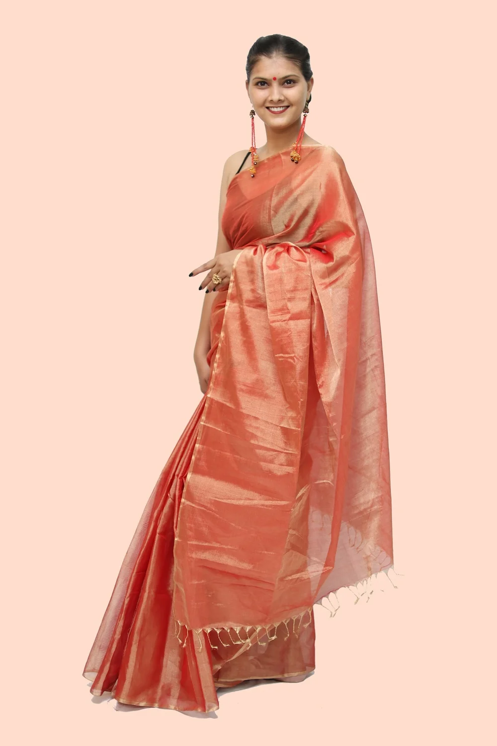 Imperial Maheshwari handloom Tissue Saree with Tassels - Red