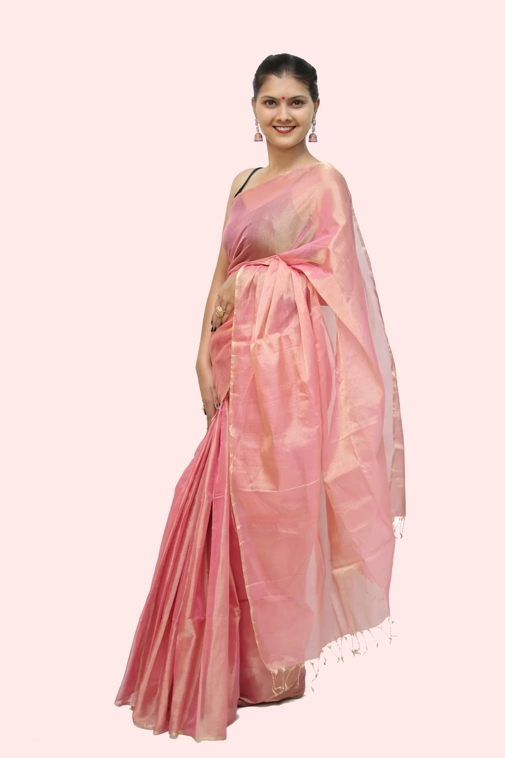 Imperial Maheshwari handloom Tissue Saree with Tassels - Pastel Pink