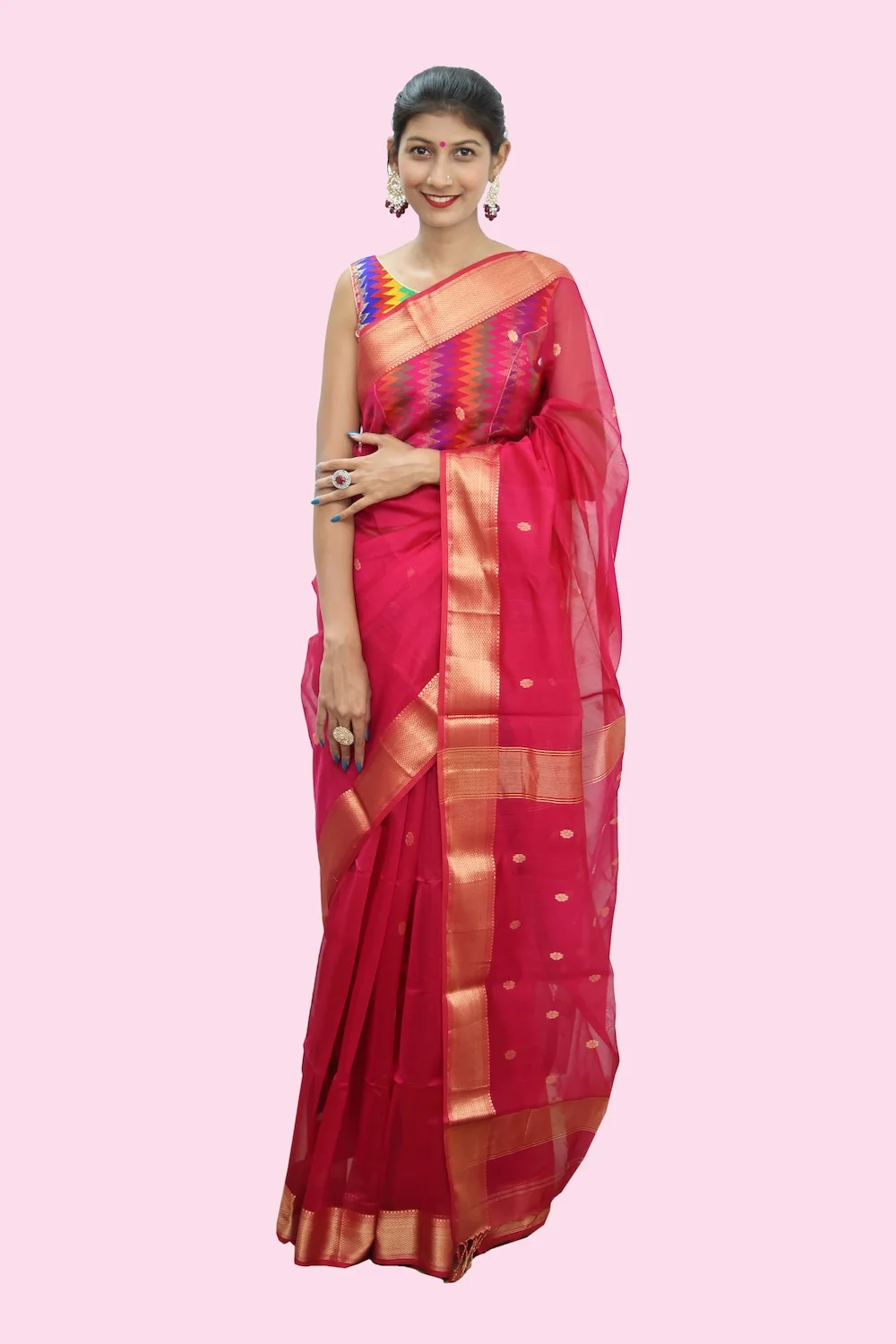 Imperial Rani Pink Zari Chatai handloom Saree with Tassels