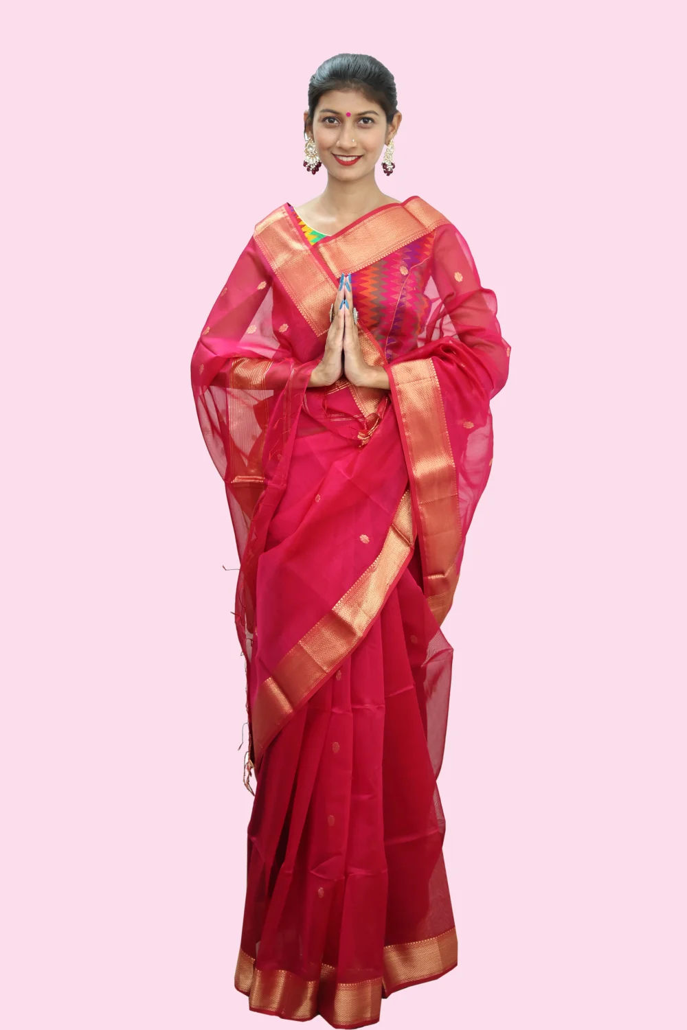 Imperial Rani Pink Zari Chatai handloom Saree with Tassels - Image 3