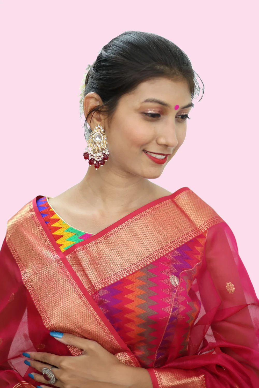 Imperial Rani Pink Zari Chatai handloom Saree with Tassels - Image 2