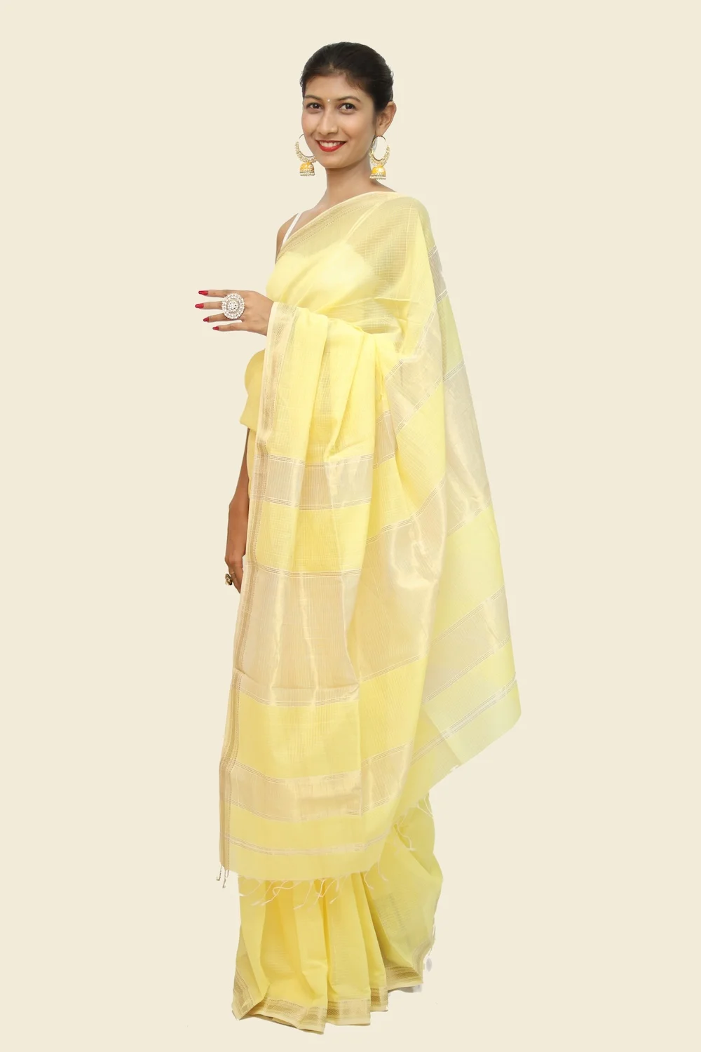 Imperial Yellow Checkerd Cotton handloom Saree with Tassels