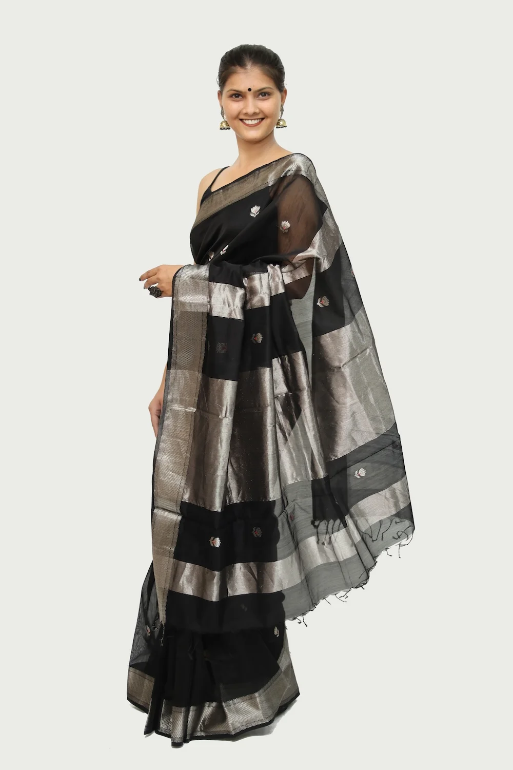 Inky Black Maheshwari handloom Saree with Tassels