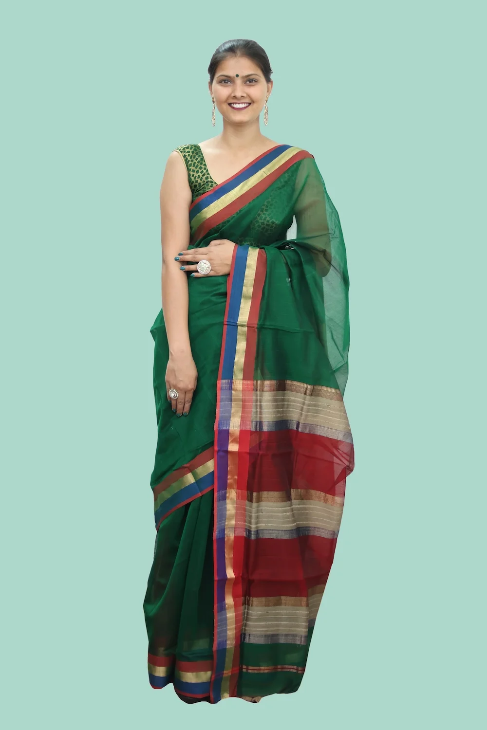 Legacy Kosa Pallu Green Red handloom Saree with Tassels