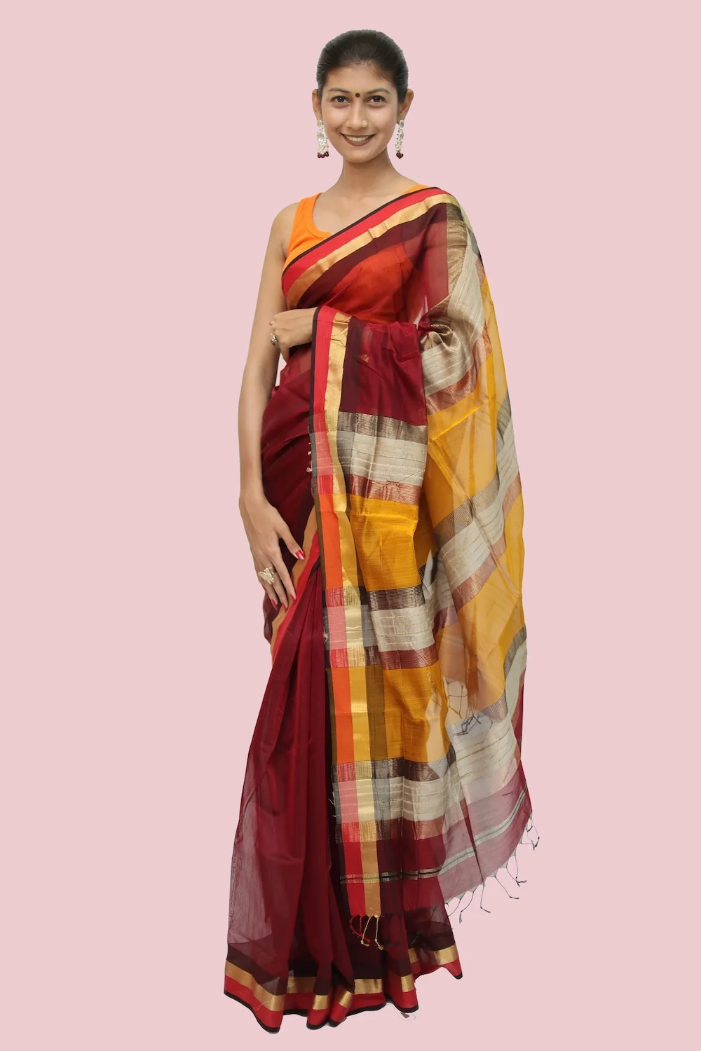 Legacy Kosa Pallu Maroon handloom Saree with Tassels