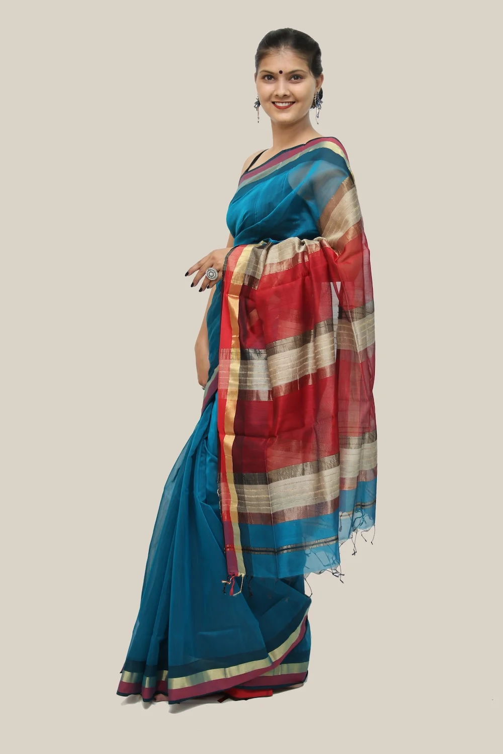 Legacy Kosa Pallu Mystic Blue Red handloom Saree with Tassels