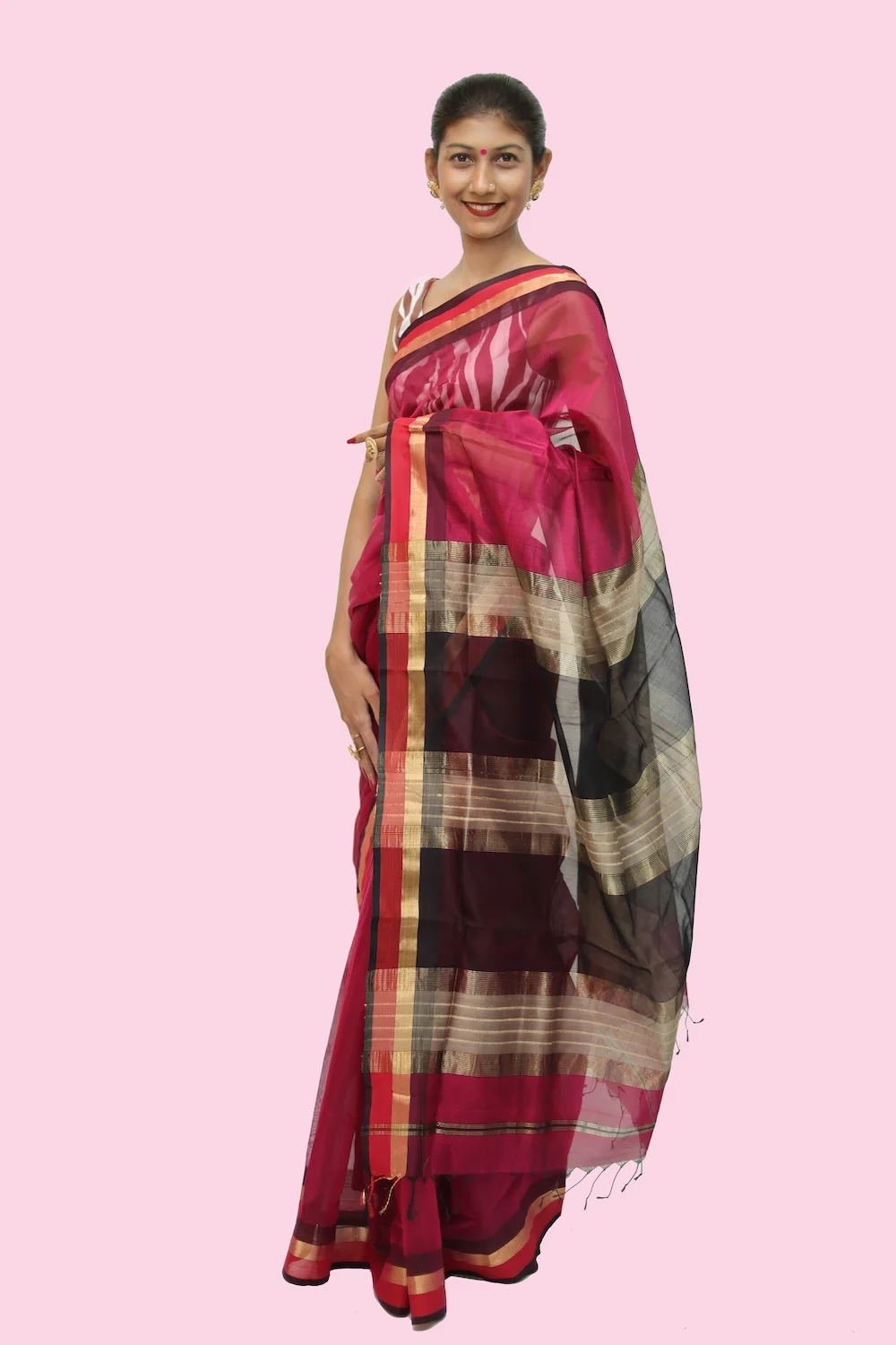 Legacy Kosa Pallu Rani Pink Black handloom Saree with Tassels