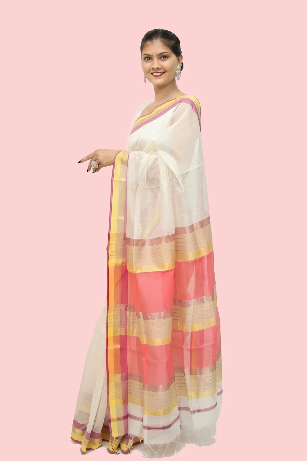 Legacy Kosa Pallu off-white handloom Saree with Tassels