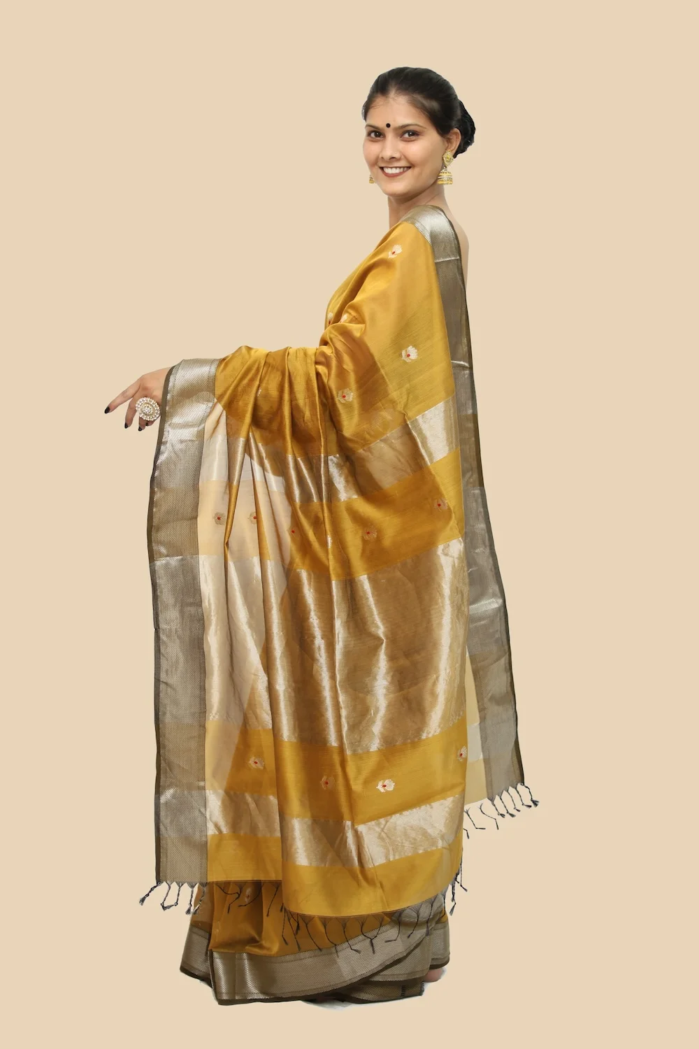 Magestic Yellow Meena Buti handloom Saree with Tassels