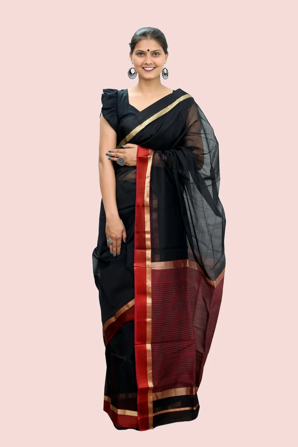 Magical Black Resham Border Rewa Lehar handloom Saree with Tassels