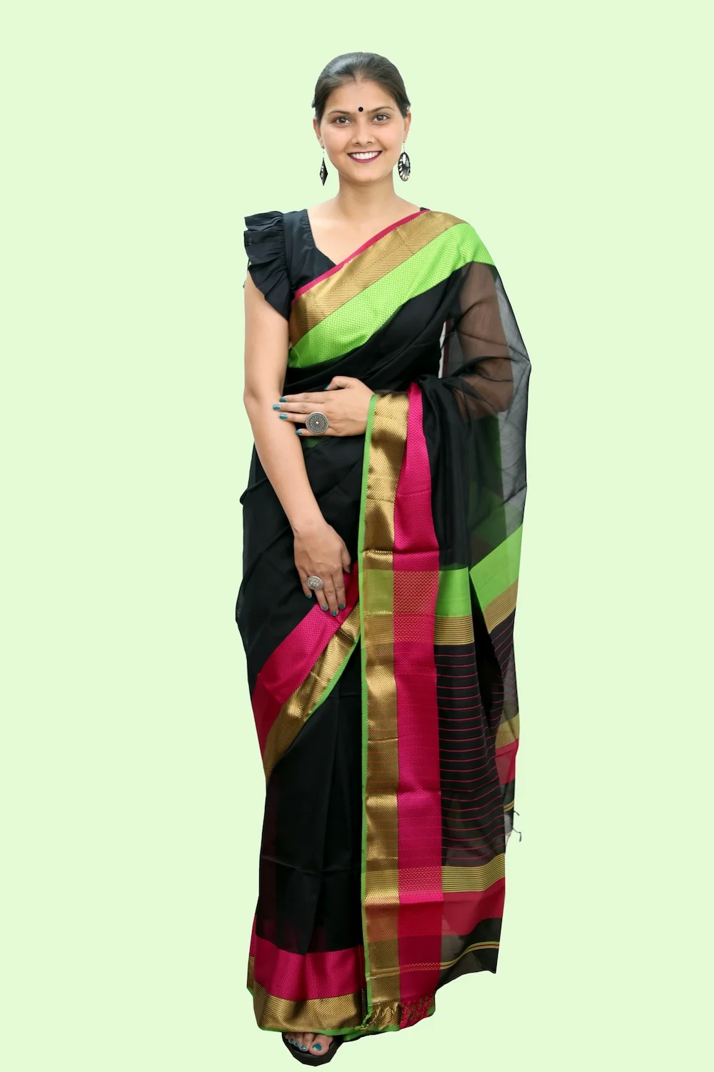 Magical Black Trio handloom Saree with Tassels
