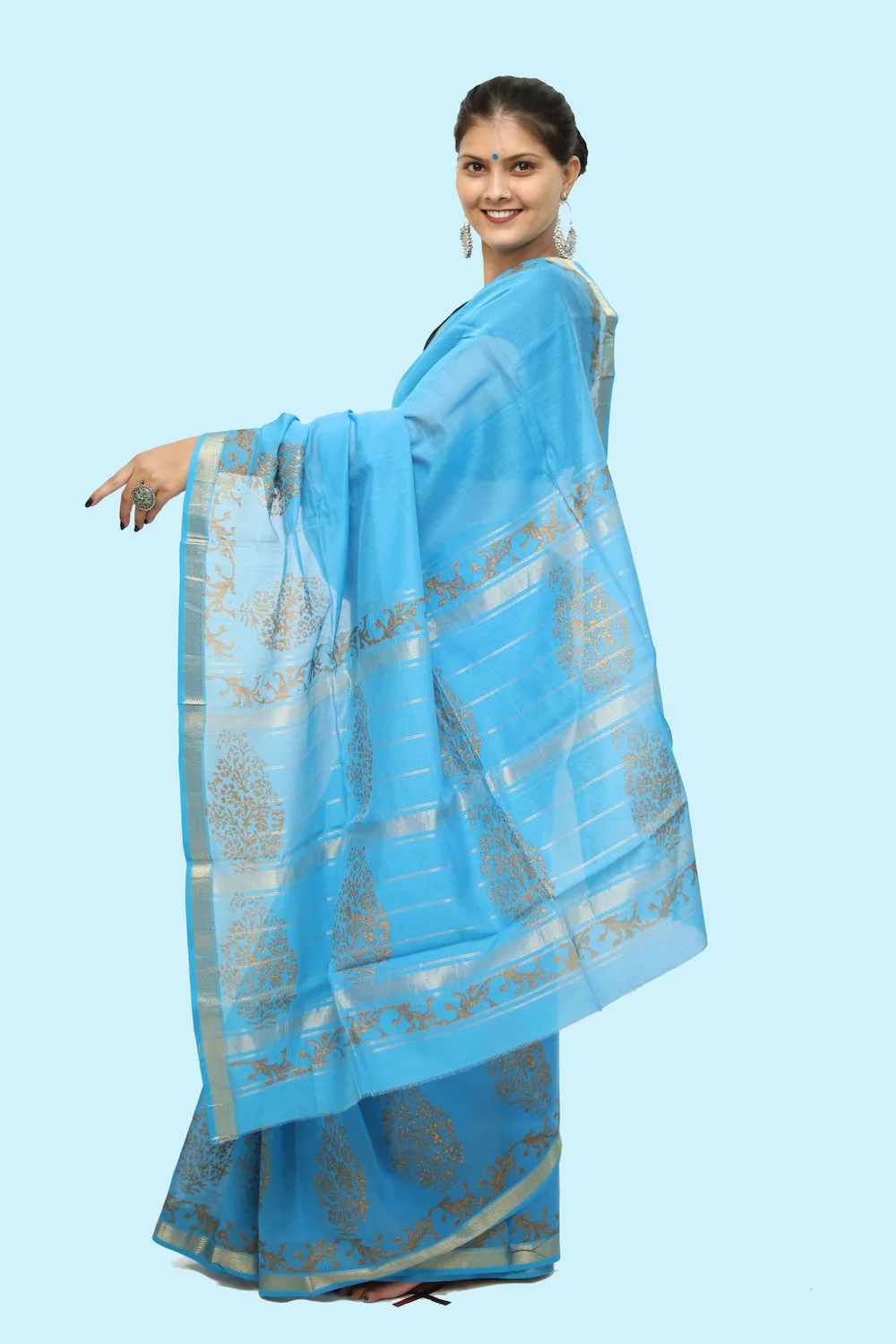 Magical Blue Value Added handblock Saree with Tassels