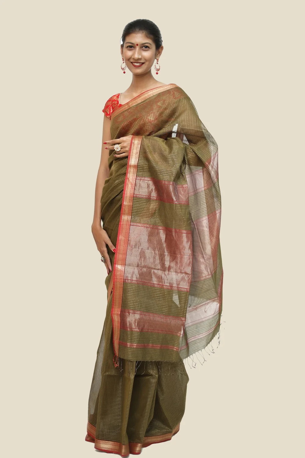 Mustard Checkerd Zari handloom Saree Tassels