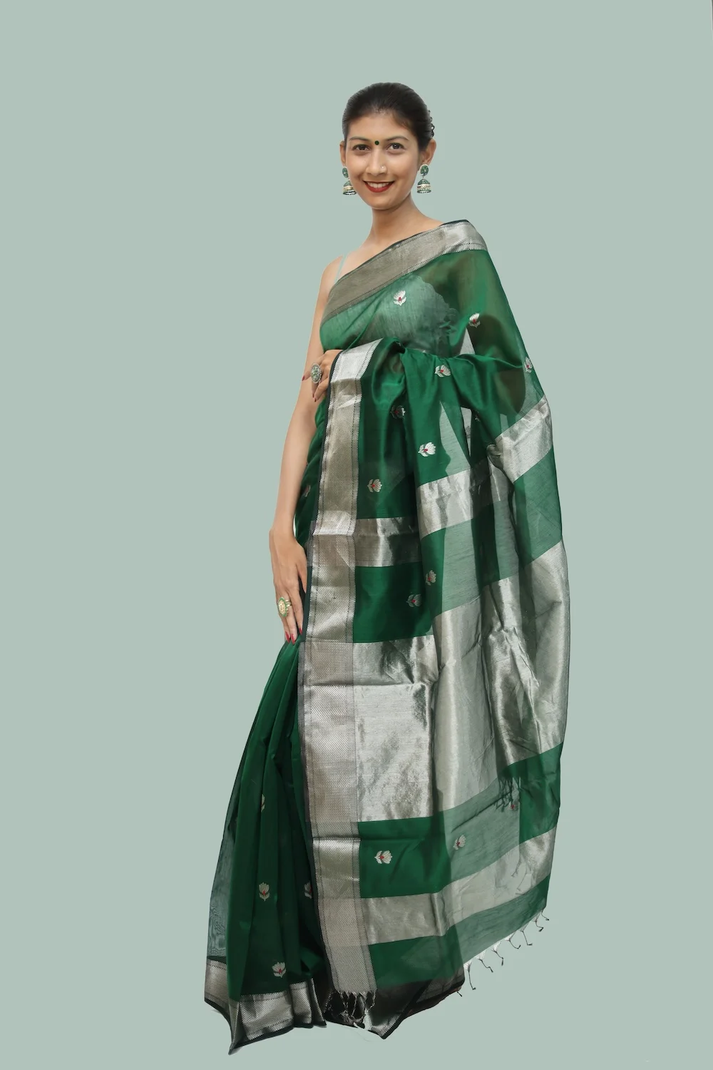 Natural Green Meena Zari Buti handloom Saree with Tassels