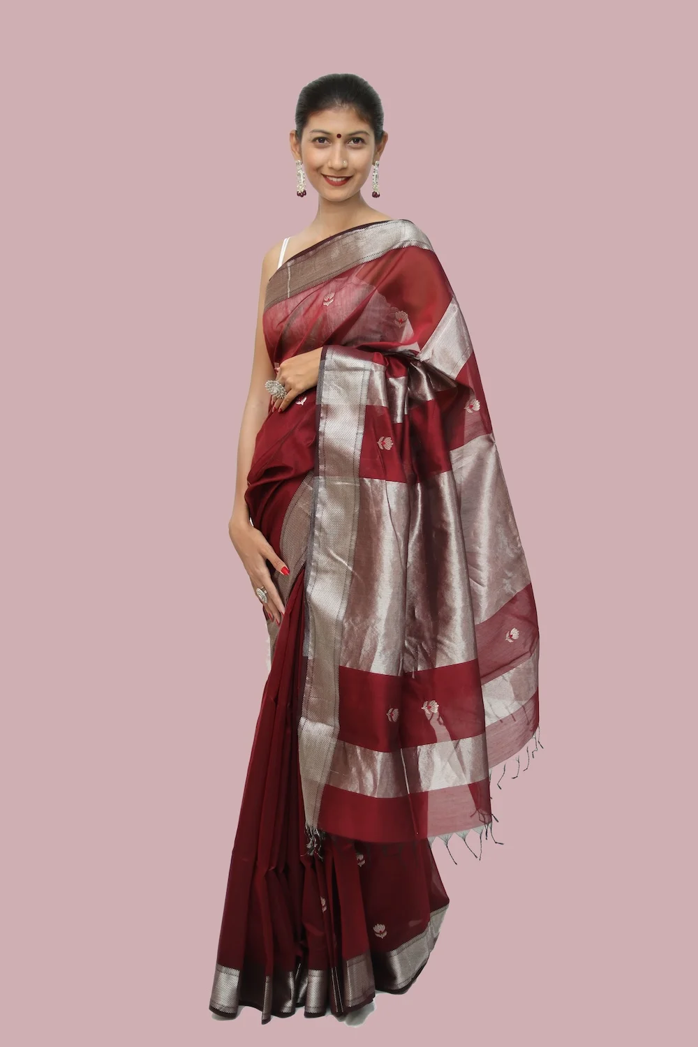 Red Meena Zari Buti handloom Saree with Tassels