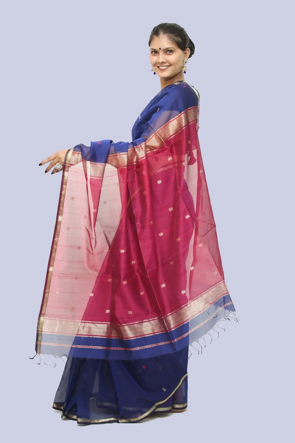 Regal Star motif handwoven Saree with Tassels - Navy Blue