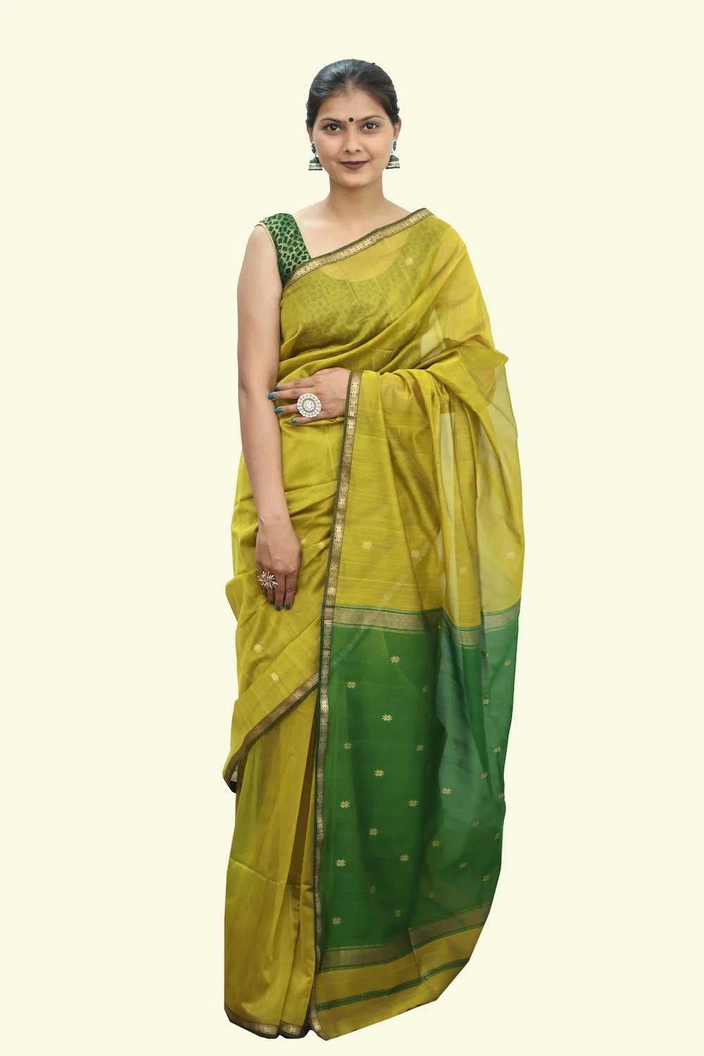 Regal Star motif handwoven Saree with Tassels - Yellow Green