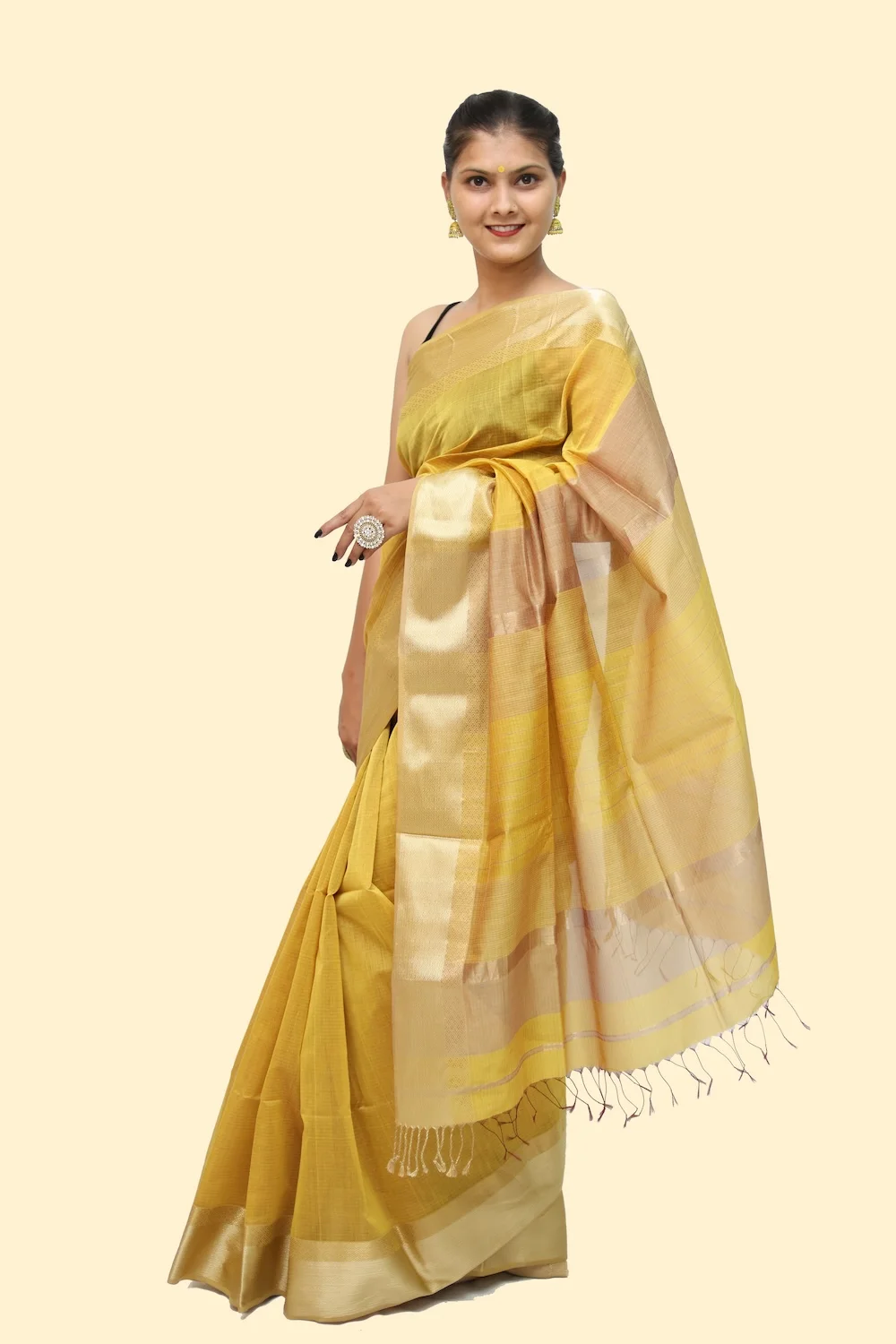 Royal Gold Yellow handwoven Resham Border Saree with Tassels