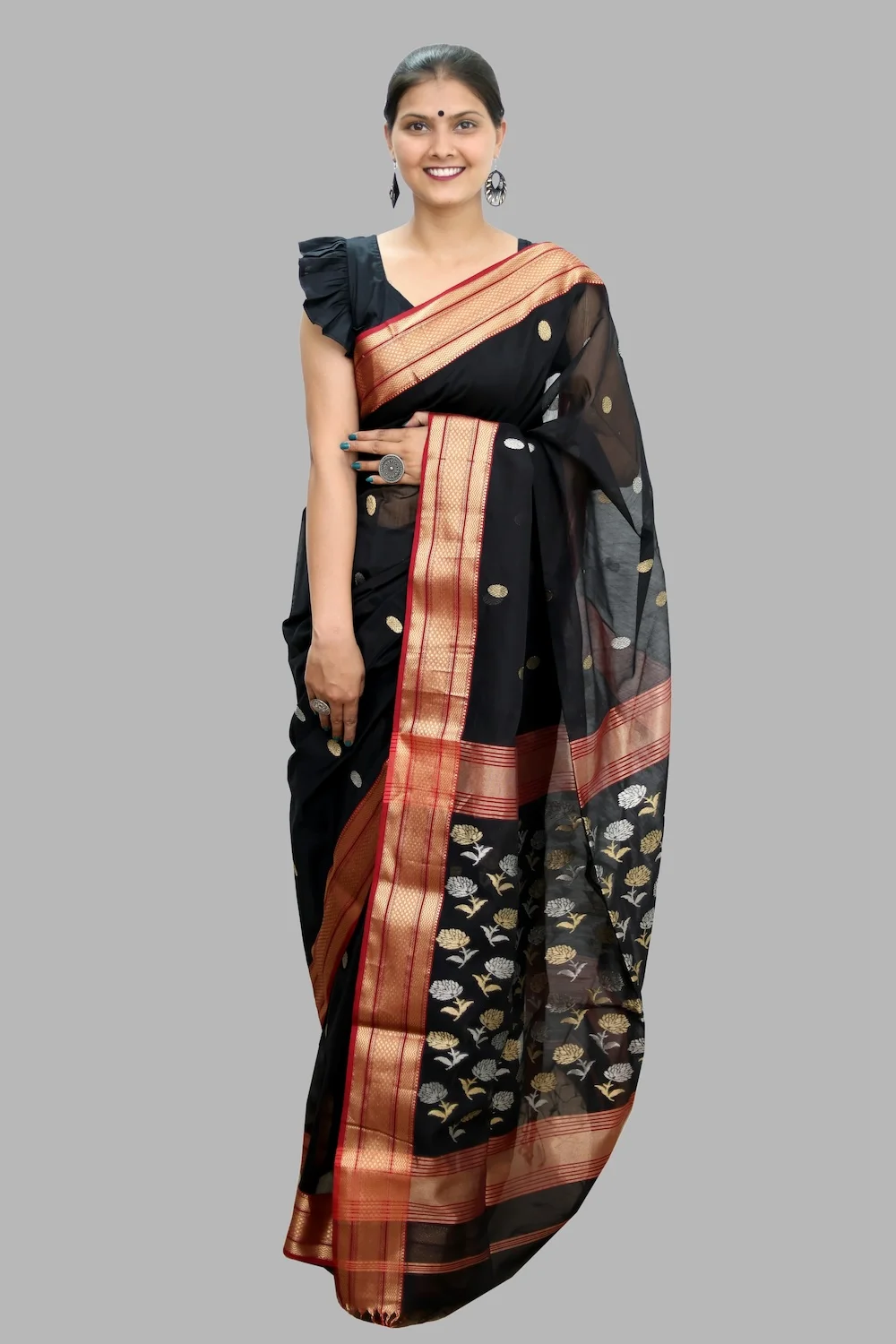 Sensuous Heritage Coin motif handwoven Saree with Tassels - Black