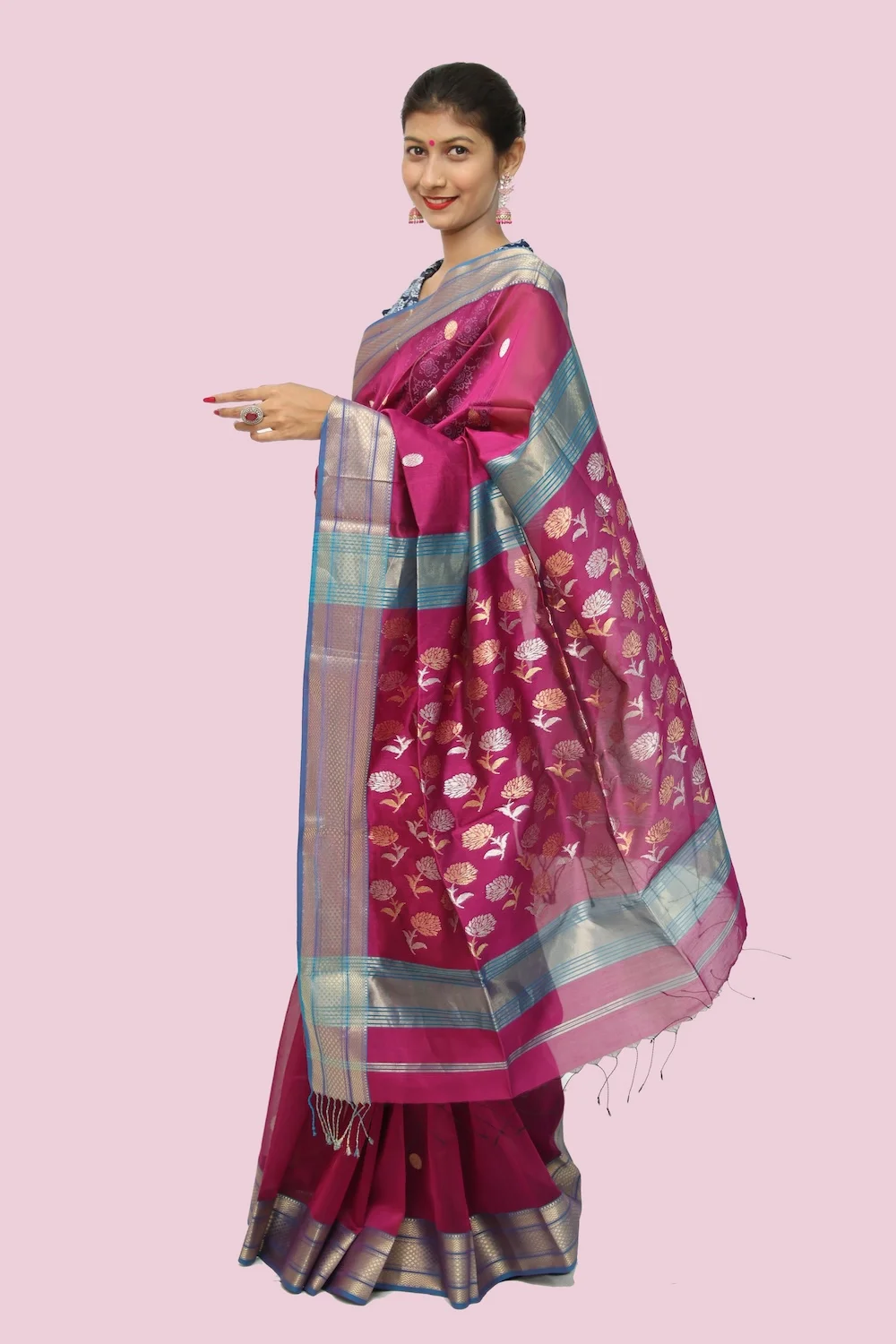 Sensuous Heritage Coin motif handwoven Saree with Tassels - Magenta