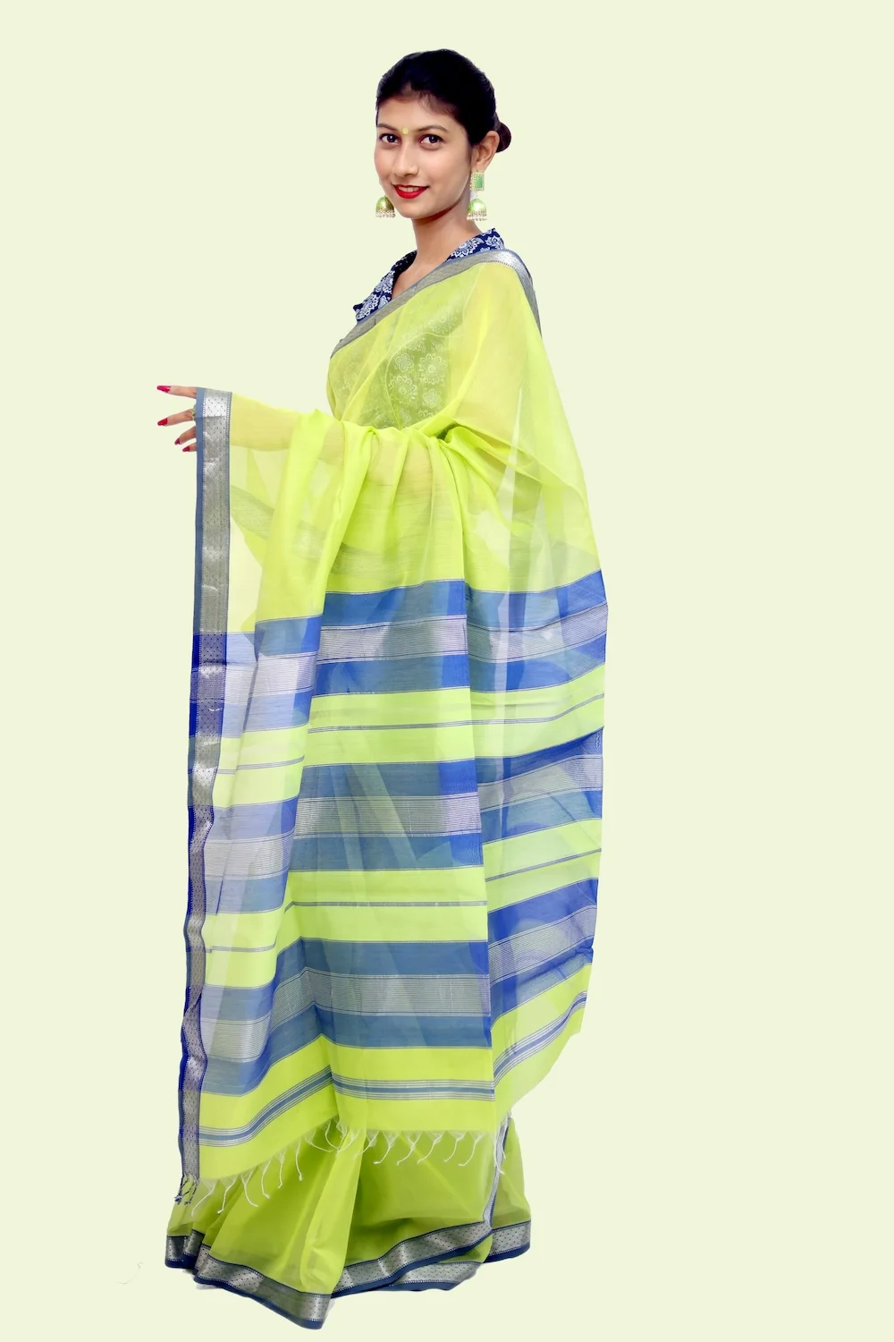Traditional Silver Brocade handwoven Saree with Tassels