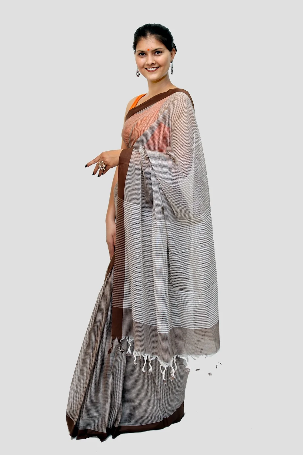 Trendy Cotton Checkerd handloom Saree with Tassels - Coffee