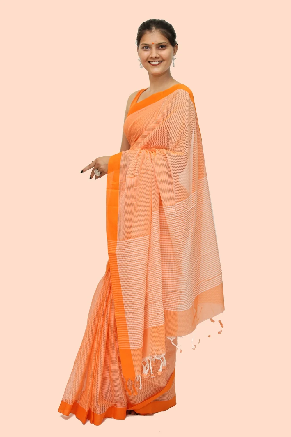 Trendy Cotton Checkerd handloom Saree with Tassels - Orange