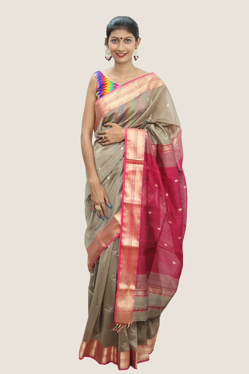 Tussar Pink Broad Border handloom Saree with Tassels