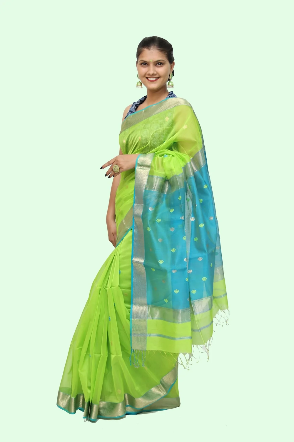 Vibrant Green Drop motif handloom Saree with Tassels