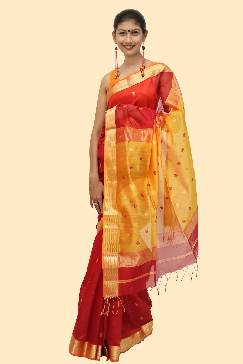Vibrant Maroon Drop motif handloom Saree with Tassels