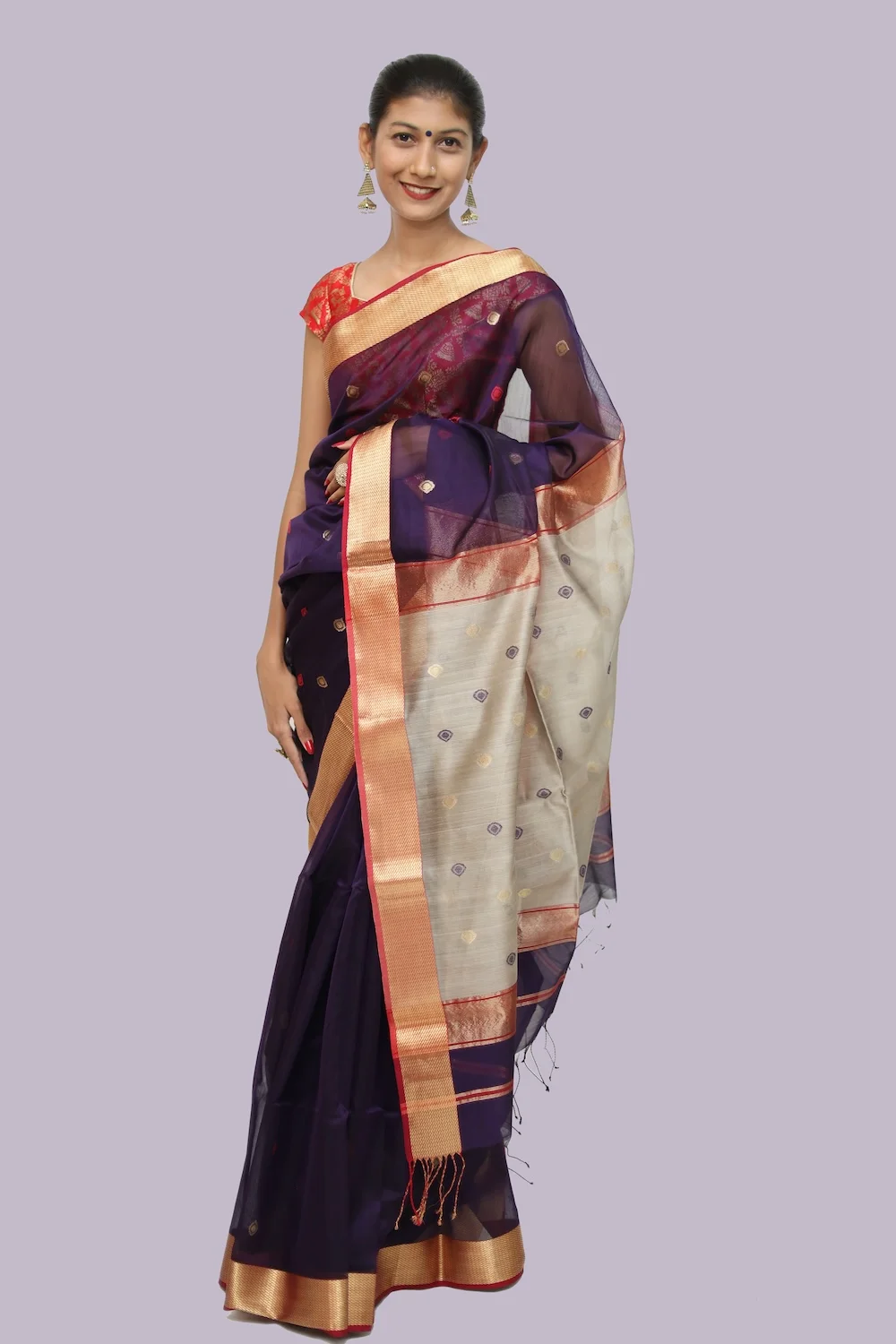 Vibrant Purple Drop motif handloom Saree with Tassels