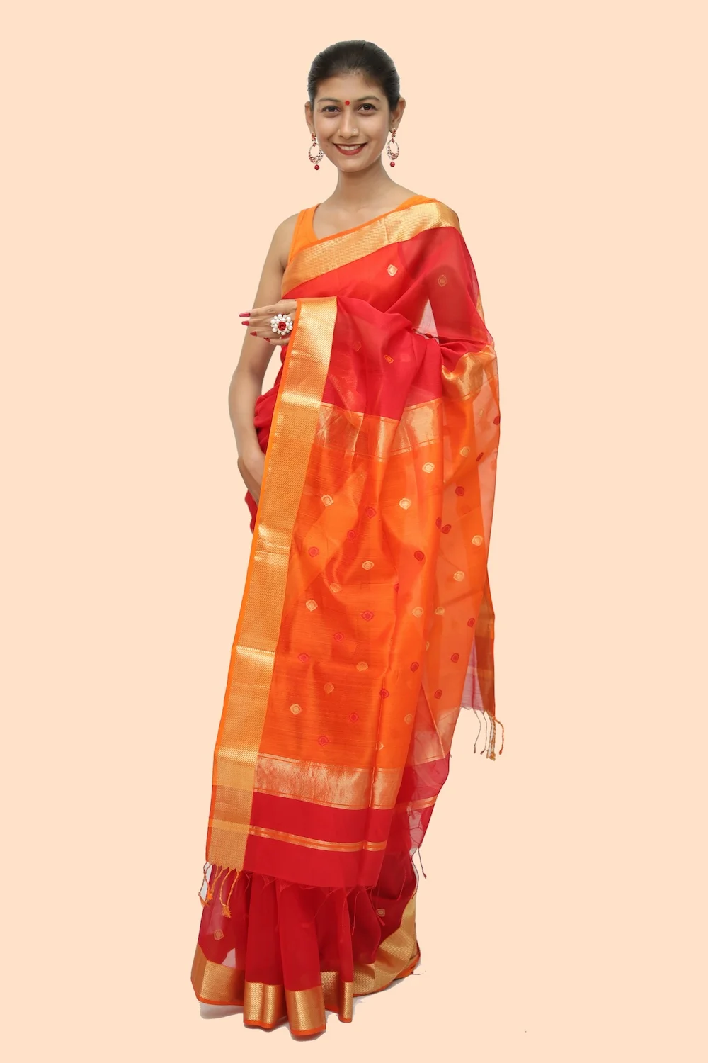Vibrant Red Drop motif handloom Saree with Tassels