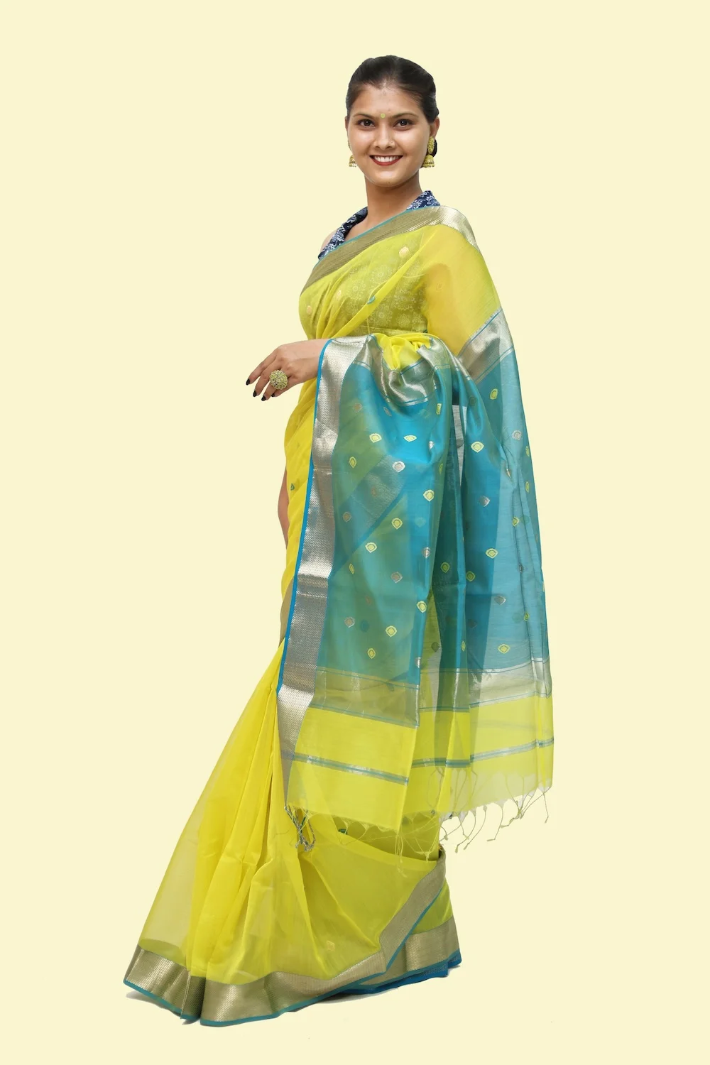 Vibrant Yellow Drop motif handloom Saree with Tassels